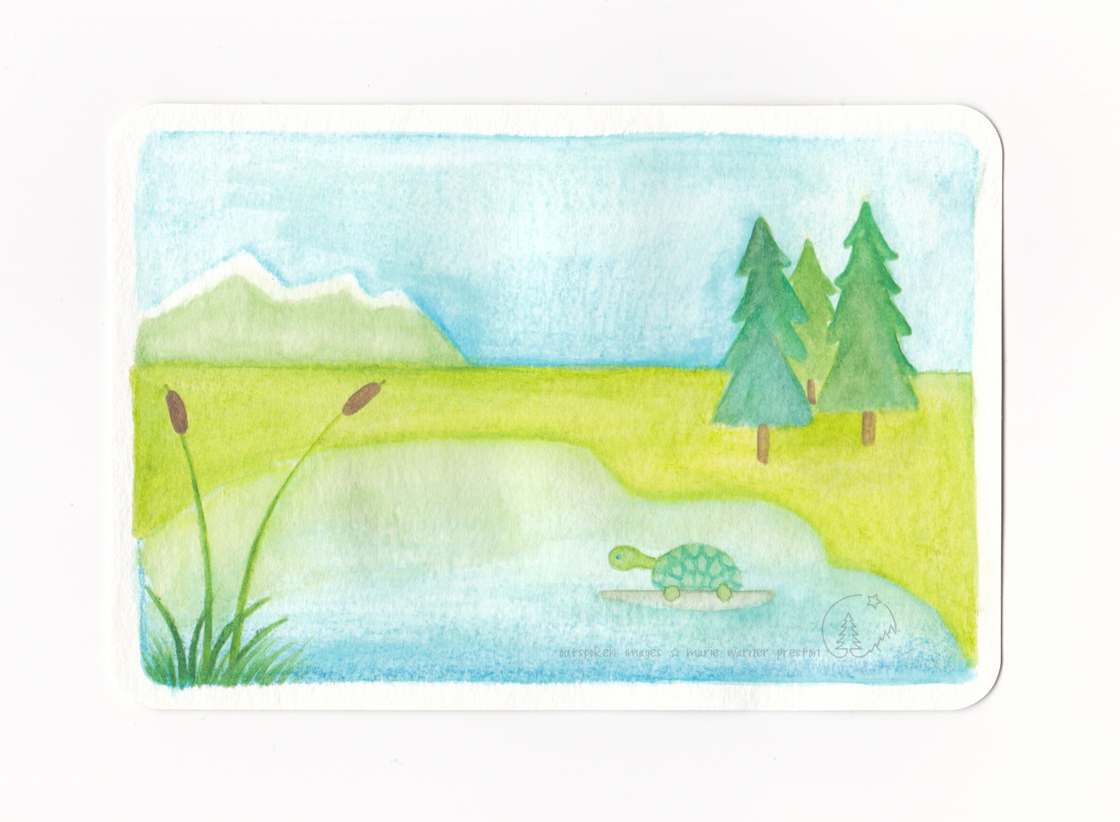 Malachite. Watercolour painting: Green and brown cattails, blue pond, green turtle on rock, green trees and mountains against blue sky in background. ©2021 Outspoken Images by Marie Warner Preston