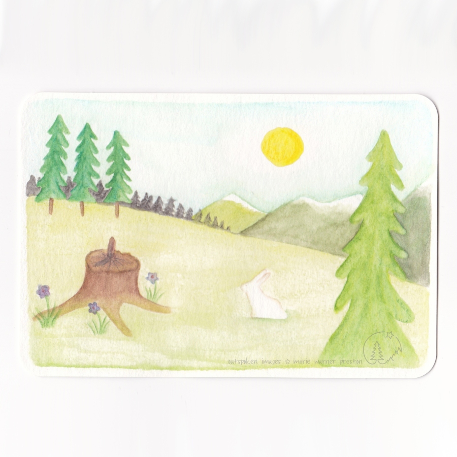 May o'clock: watercolour painting. Green fir trees, grown stump as sun dial, white hare, yellow sun, green mountains ©2021 Outspoken Images by Marie Warner Preston