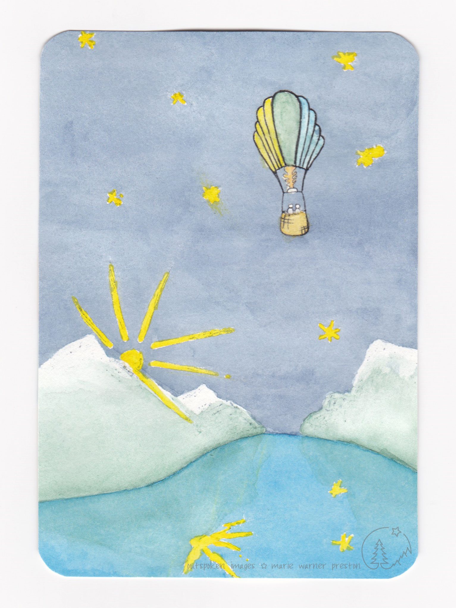 Watercolour painting: Yellow, green, and blue hot-air balloon in blue sky with yellow stars. Yellow sun rays over white and green mountains. Blue water reflecting sun and stars ©2022 Outspoken Images by Marie Warner Preston