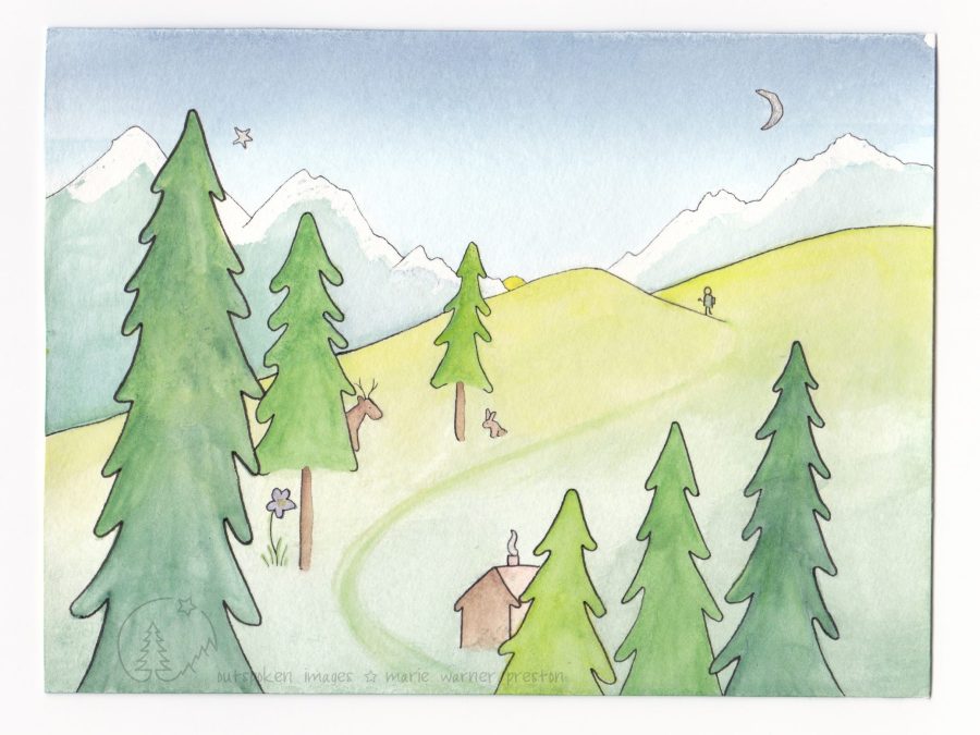 Watercolour painting: House, flower, moose, hare, human, and coniferous trees along path toward mountains. ©2022 Marie Warner Preston