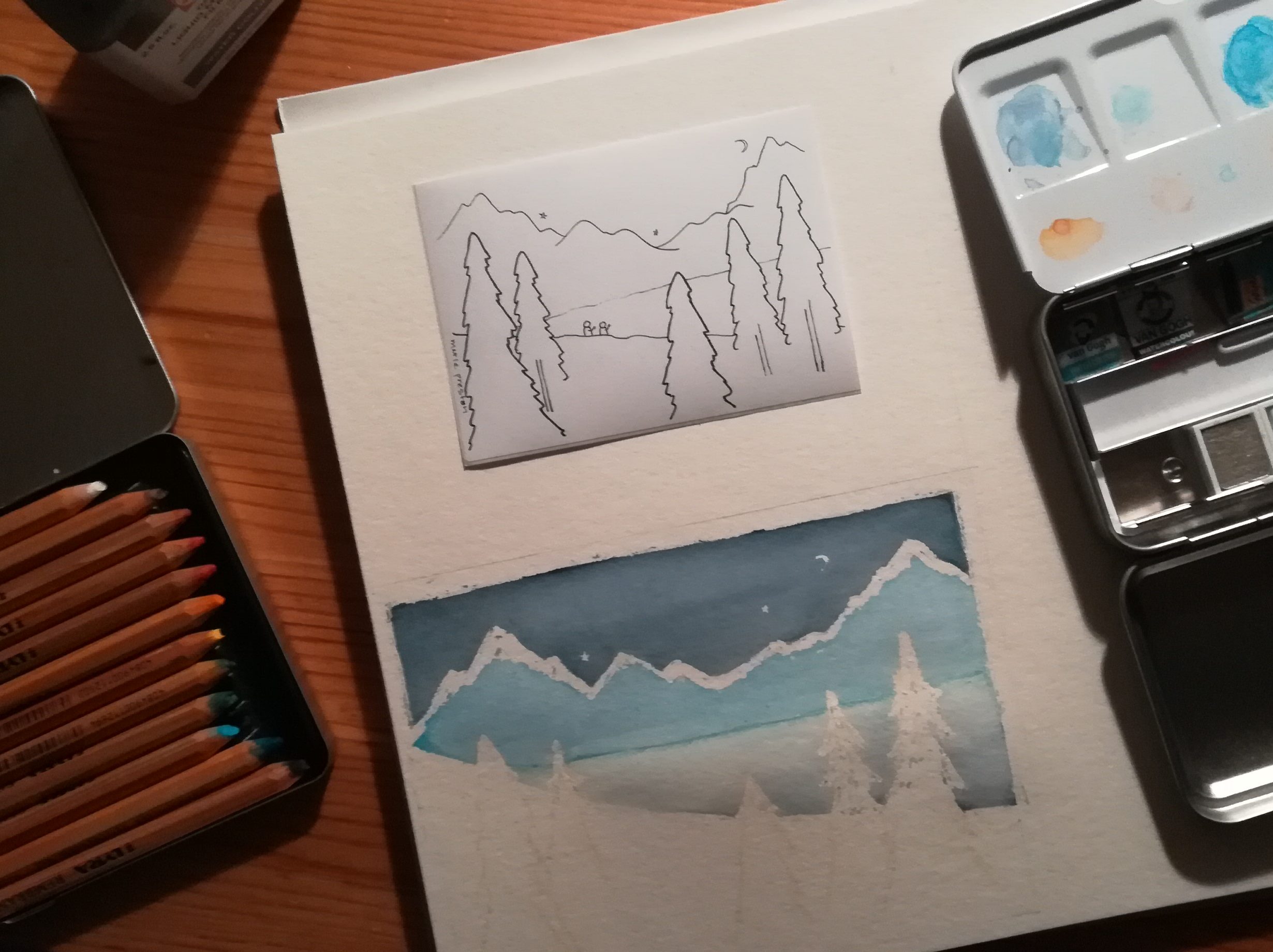 Blue on Blue: After masking. Pen illustration, watercolour sky and mountains with white trees, pencils, paint