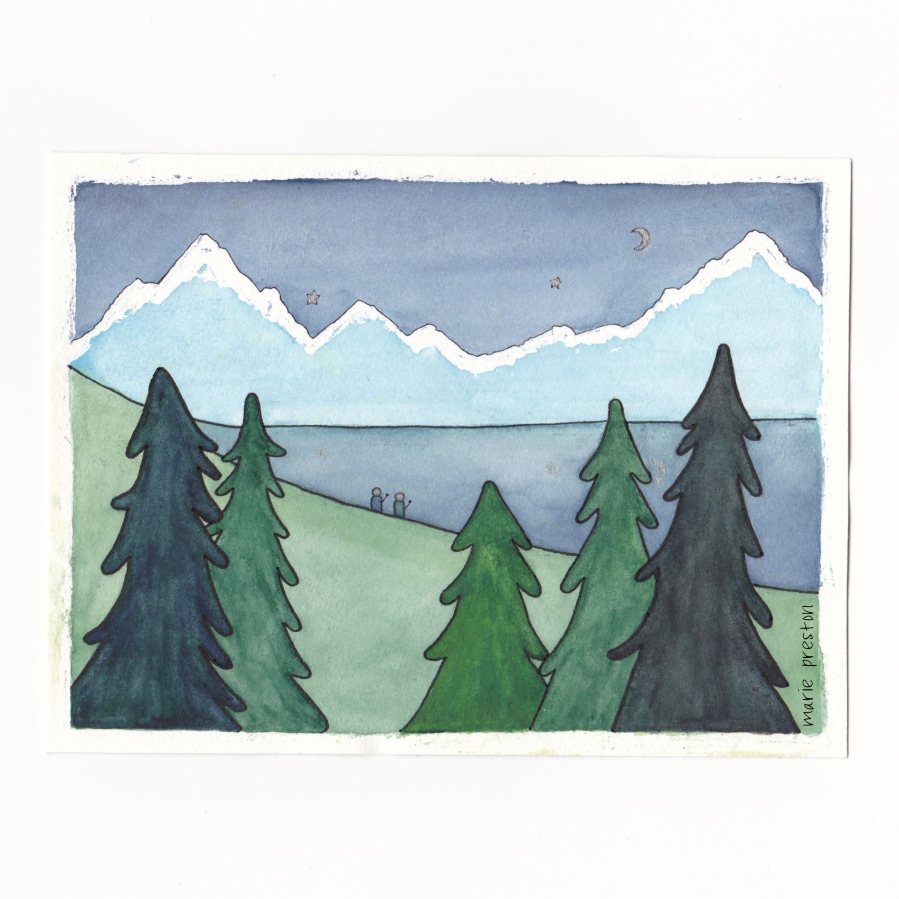 Watercolour painting: Night sky, mountains, water, coniferous trees. ©2022 Marie Preston / Outspoken Images