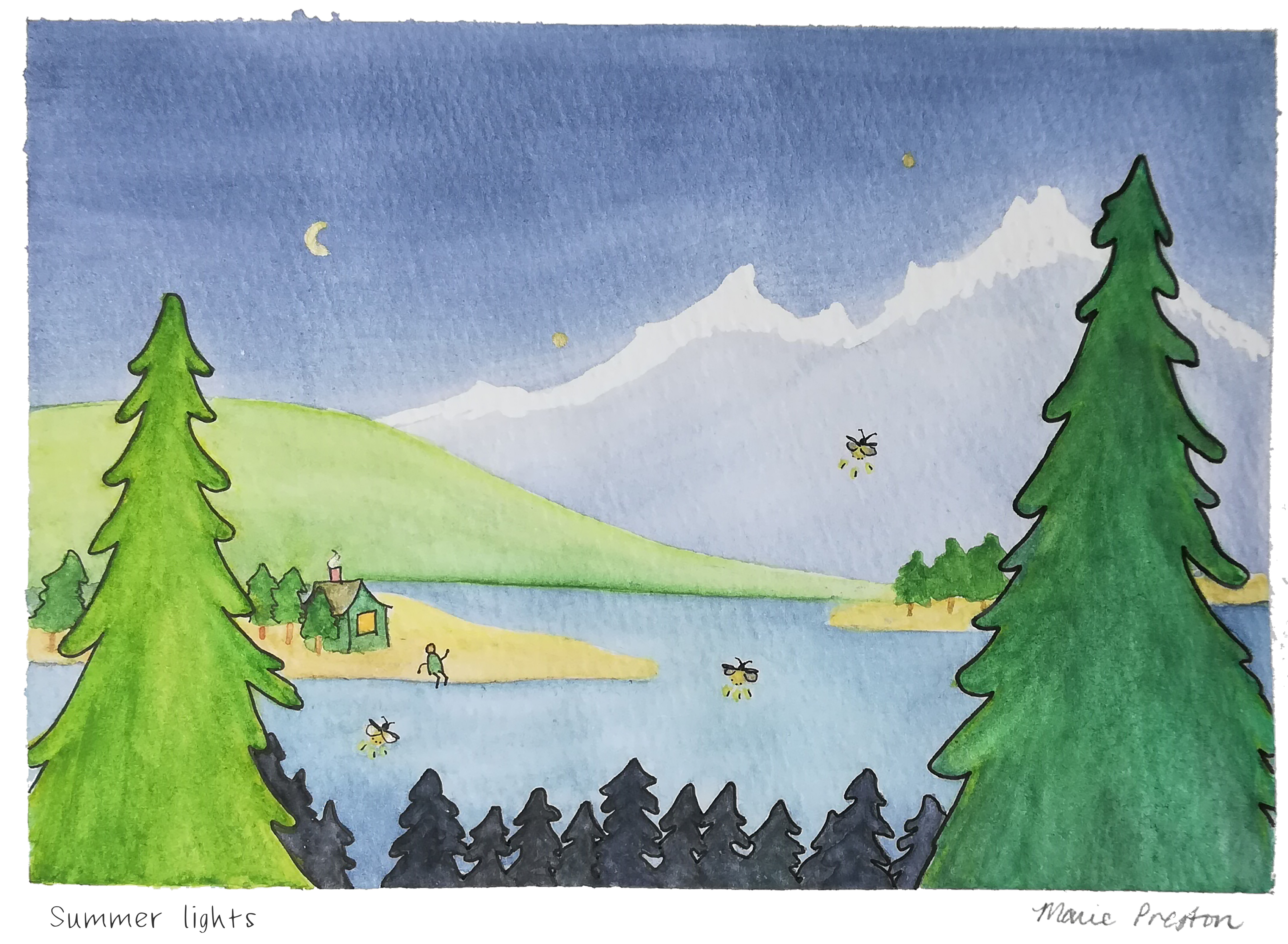 Watercolour illustration: Green / black coniferous trees, fireflies, cabin and person on island, water, mountains, moon, and stars. ©2022 Marie Preston