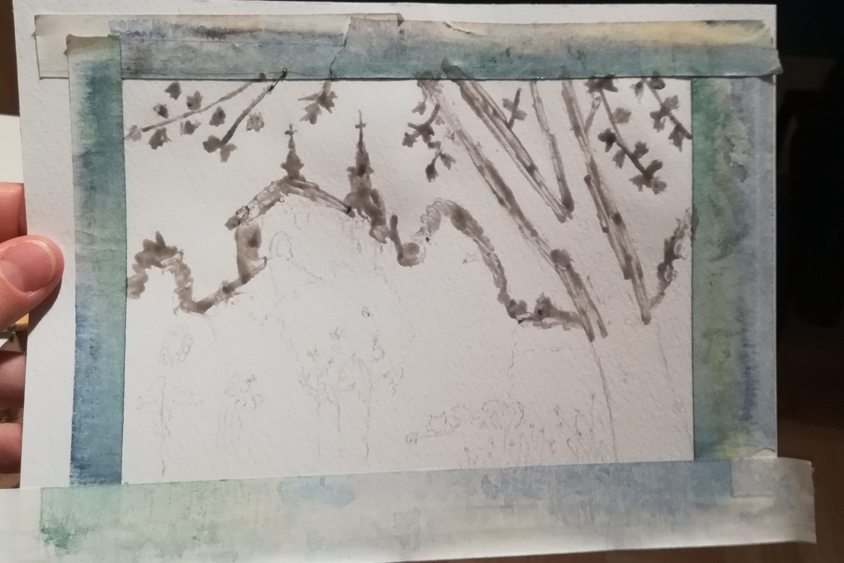 painting with masking fluid painted on: tree, garden, cathedral. By Marie Preston