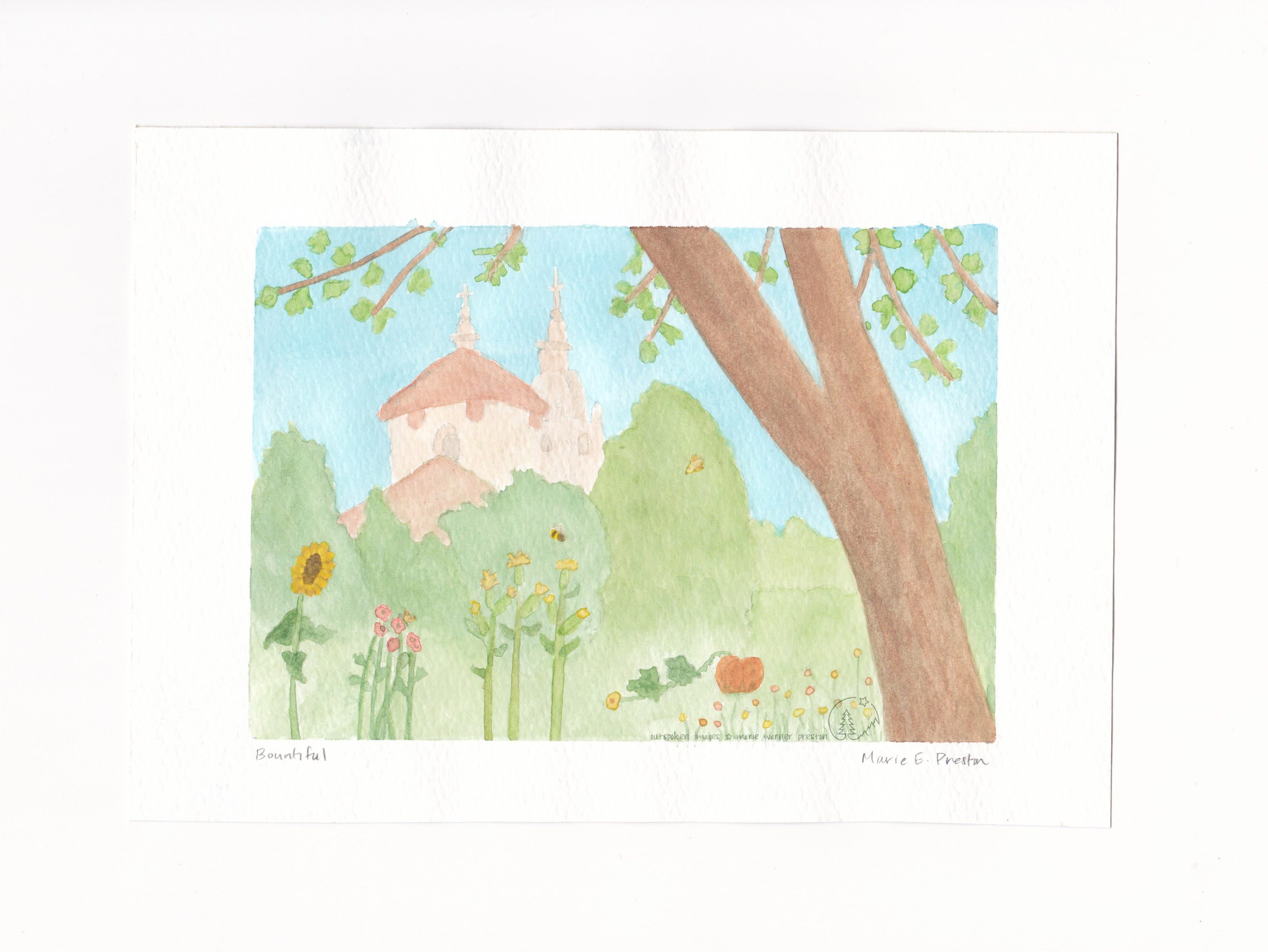 Watercolour painting: Flowers and vegetables in garden, tree trunk on right side, cathedral buildings behind trees in background ©2022 Marie Preston