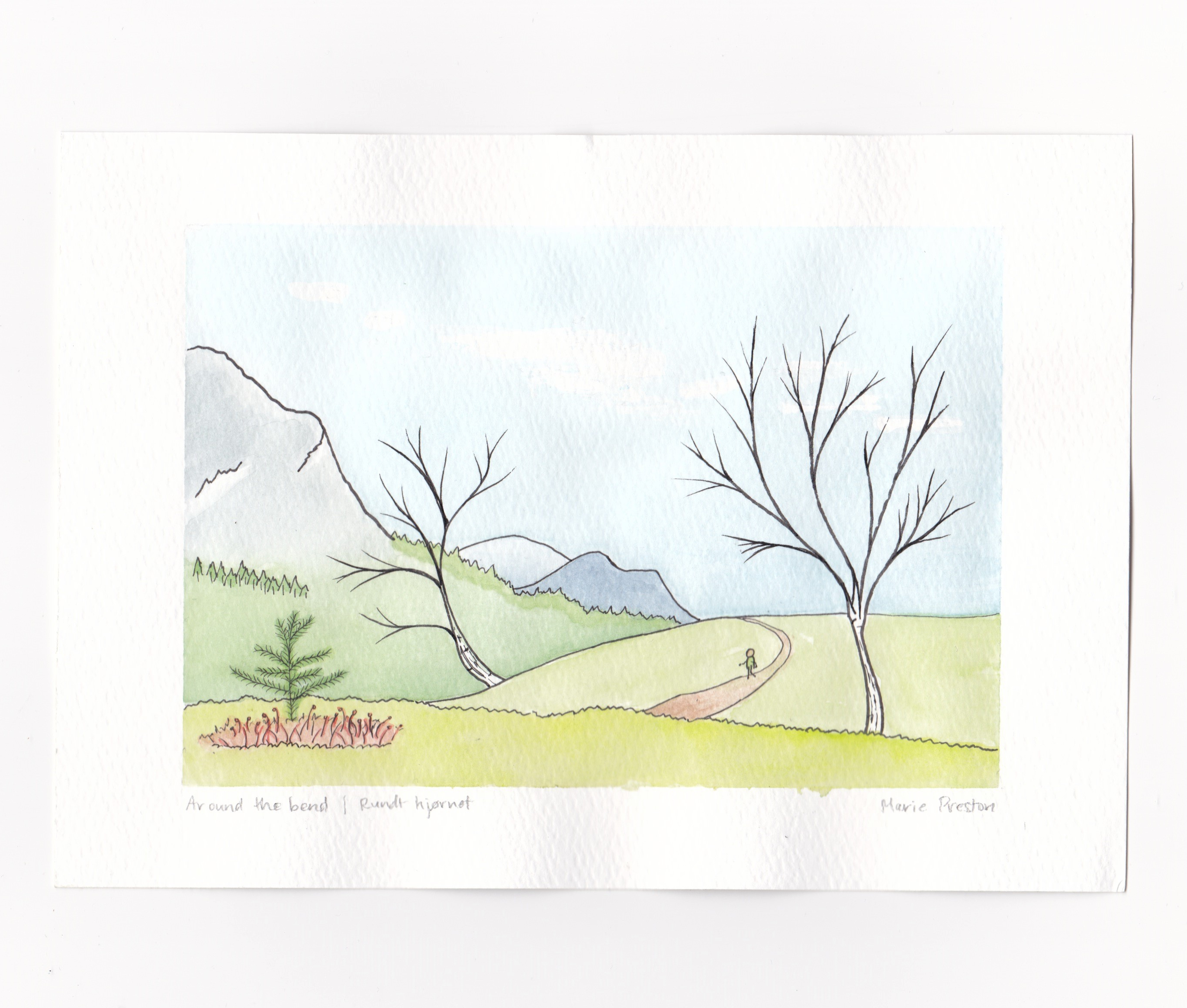 Watercolour painting: Small green fir sapling with red shrub, leafless birch trees, person on path toward blue and grey mountains. Title: Around the Bend by Marie Preston